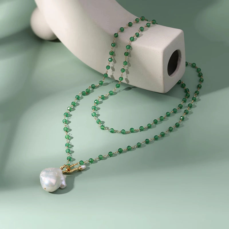 Green Agate with Natural Baroque Pearl