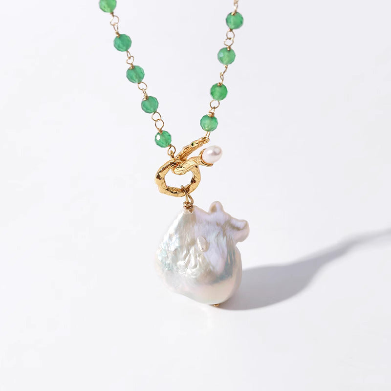 Green Agate with Natural Baroque Pearl
