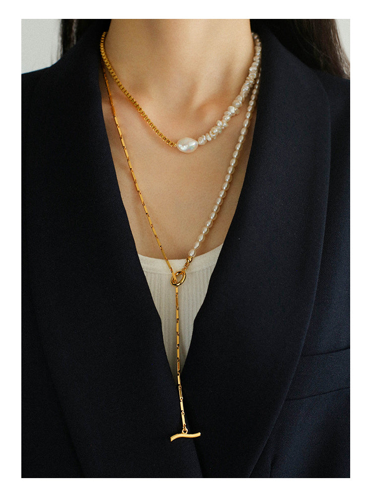 Natural Pearl Inlaid Chain Necklace, Niche Design, Light Luxury Sweater Chain Necklace