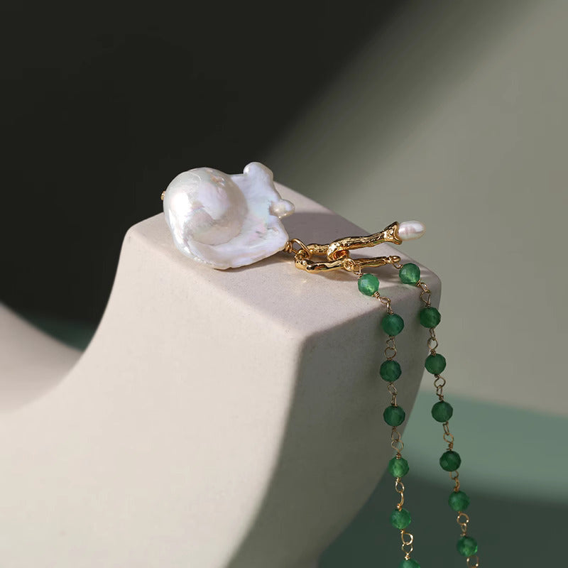 Green Agate with Natural Baroque Pearl