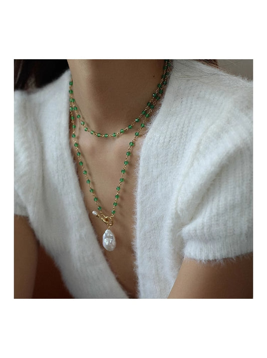 Green Agate with Natural Baroque Pearl