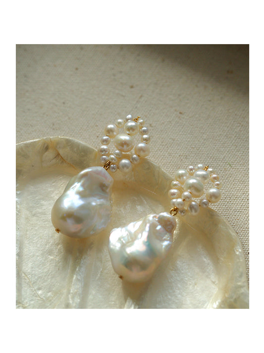 Handwoven Baroque Wrapped Short Pearl Earrings