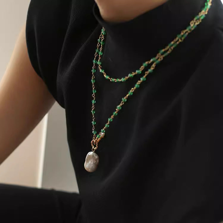 Green Agate with Natural Baroque Pearl