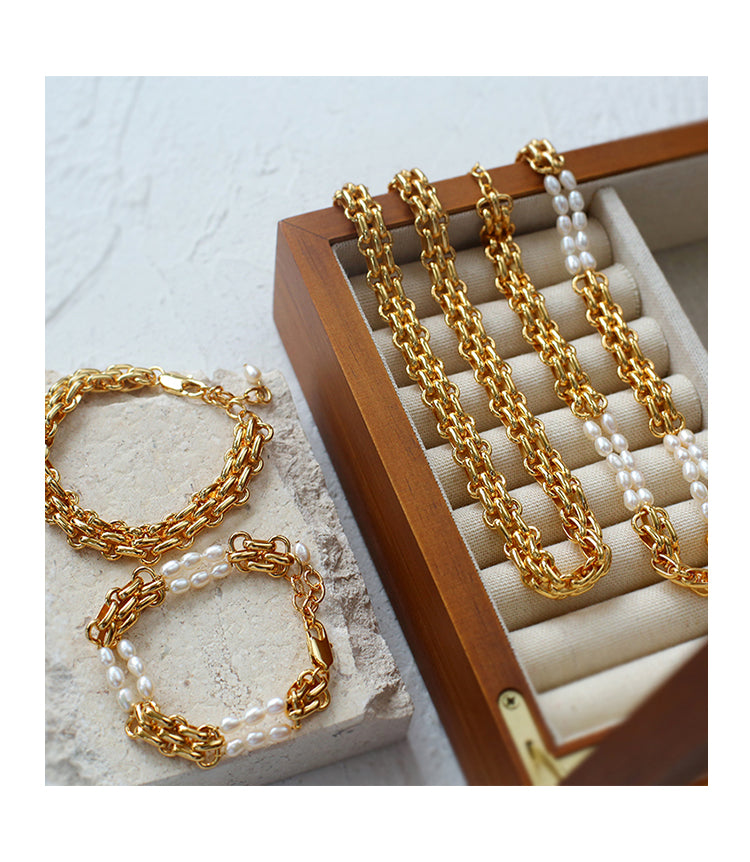 Fashionable Gold Wide-Link Natural Pearl Necklace Bracelet, Collarbone Chain.