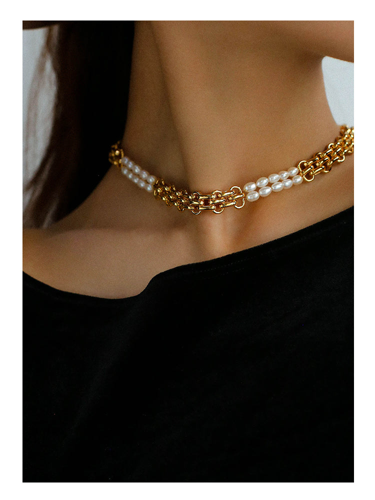 Fashionable Gold Wide-Link Natural Pearl Necklace Bracelet, Collarbone Chain.