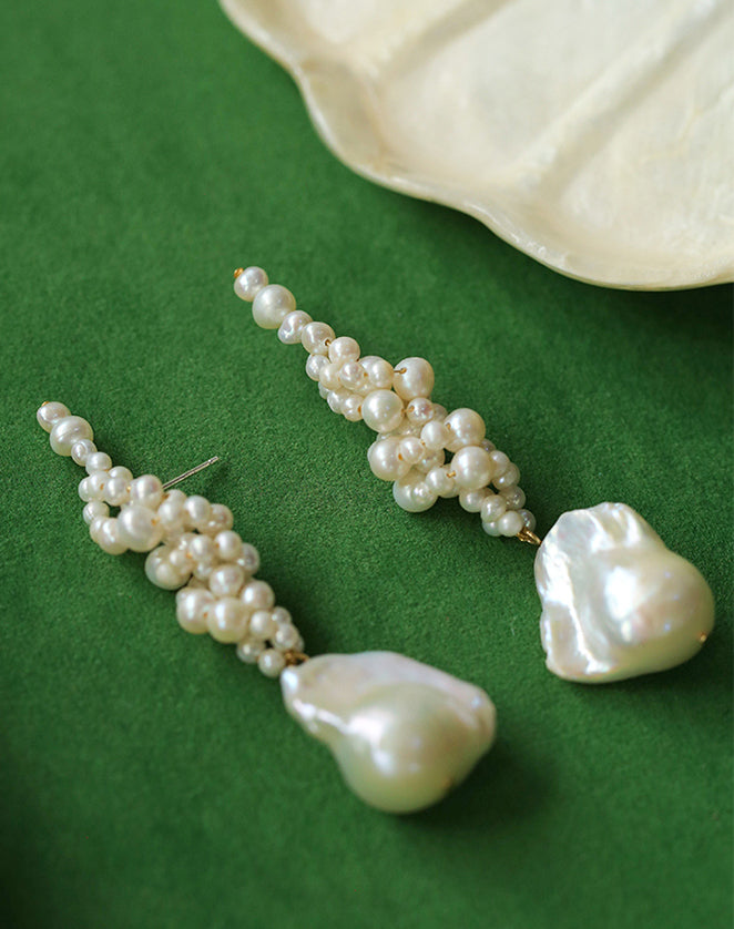 Handwoven Baroque Wrapped Short Pearl Earrings