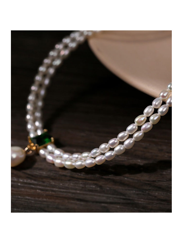 Vintage Double-Layer Natural Pearl and Emerald Square Zircon Necklace,Choker Collarbone Chain