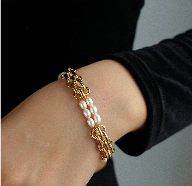 Fashionable Gold Wide-Link Natural Pearl Necklace Bracelet, Collarbone Chain.