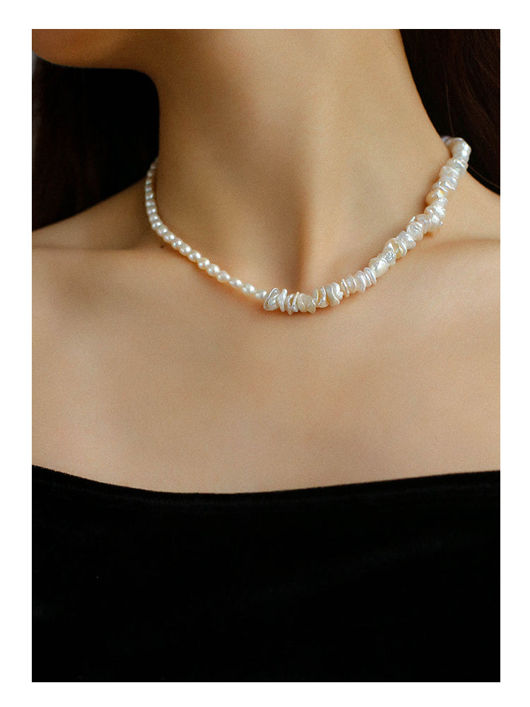 Natural Pearl 'Scattered Silver' Necklace for Women, French Vintage Baroque Pearl Collarbone Chain Necklace.