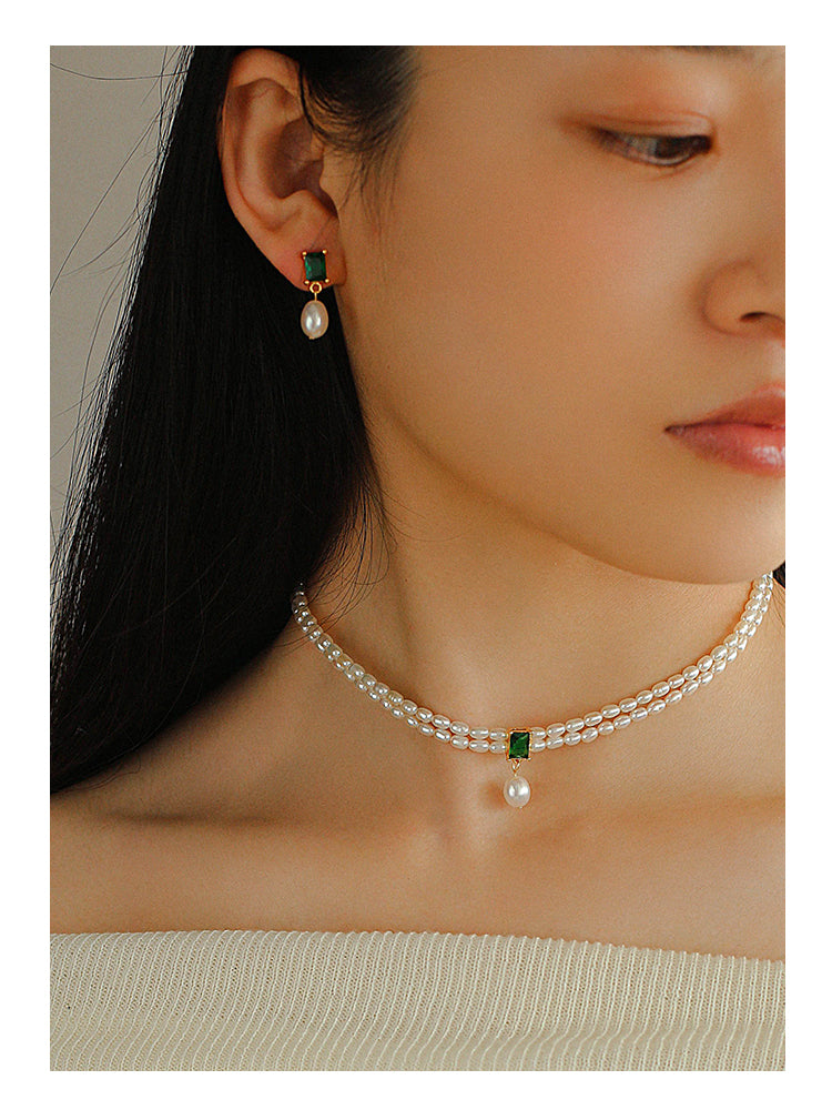 Vintage Double-Layer Natural Pearl and Emerald Square Zircon Necklace,Choker Collarbone Chain