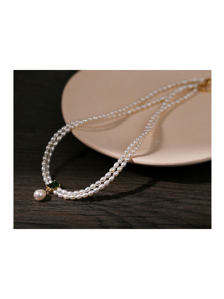 Vintage Double-Layer Natural Pearl and Emerald Square Zircon Necklace,Choker Collarbone Chain