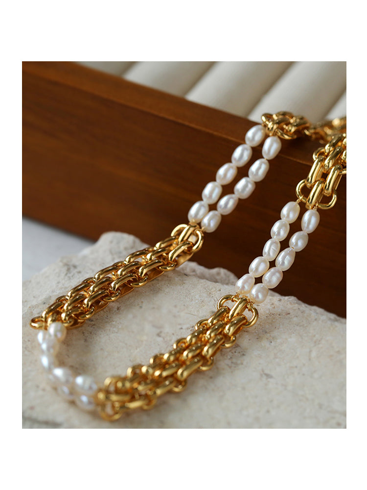 Fashionable Gold Wide-Link Natural Pearl Necklace Bracelet, Collarbone Chain.