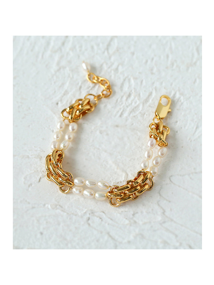 Fashionable Gold Wide-Link Natural Pearl Necklace Bracelet, Collarbone Chain.