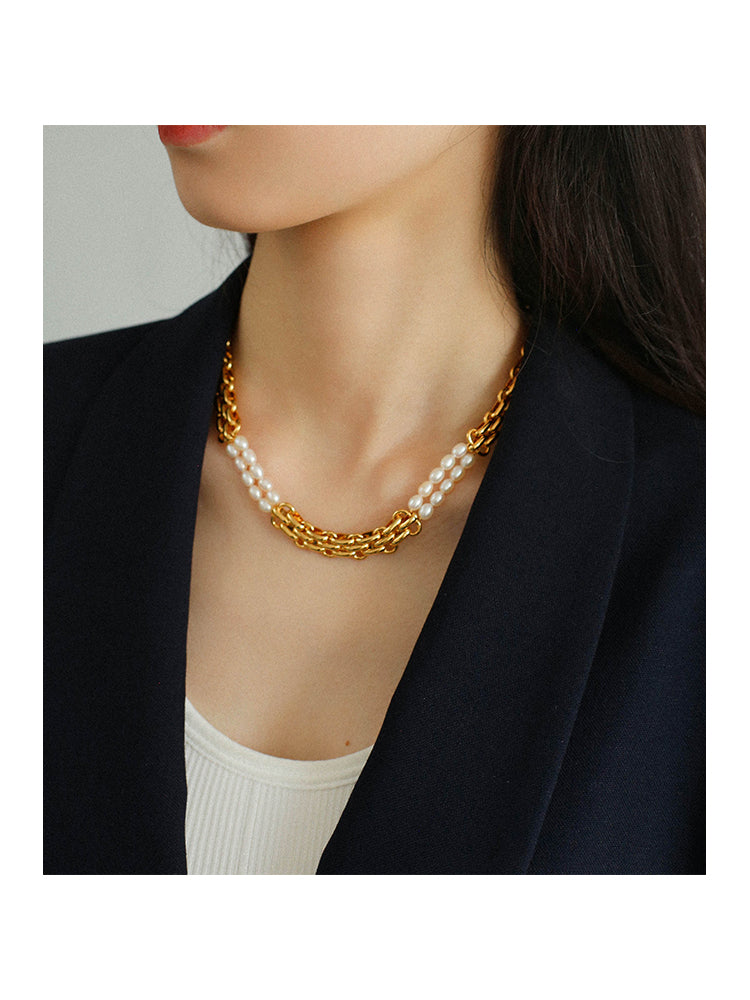 Fashionable Gold Wide-Link Natural Pearl Necklace Bracelet, Collarbone Chain.