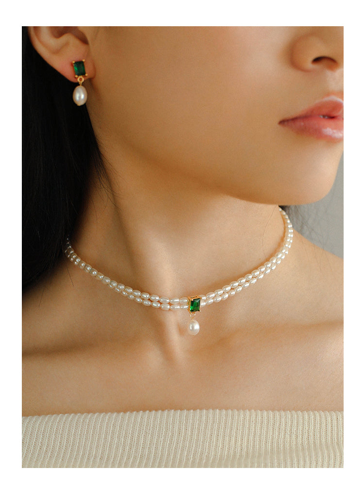 Vintage Double-Layer Natural Pearl and Emerald Square Zircon Necklace,Choker Collarbone Chain