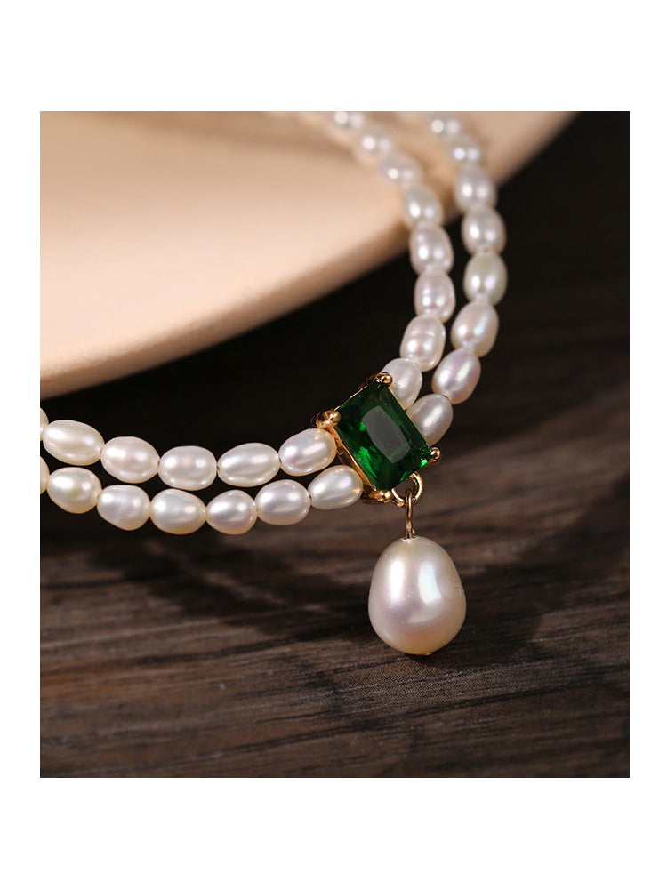 Vintage Double-Layer Natural Pearl and Emerald Square Zircon Necklace,Choker Collarbone Chain