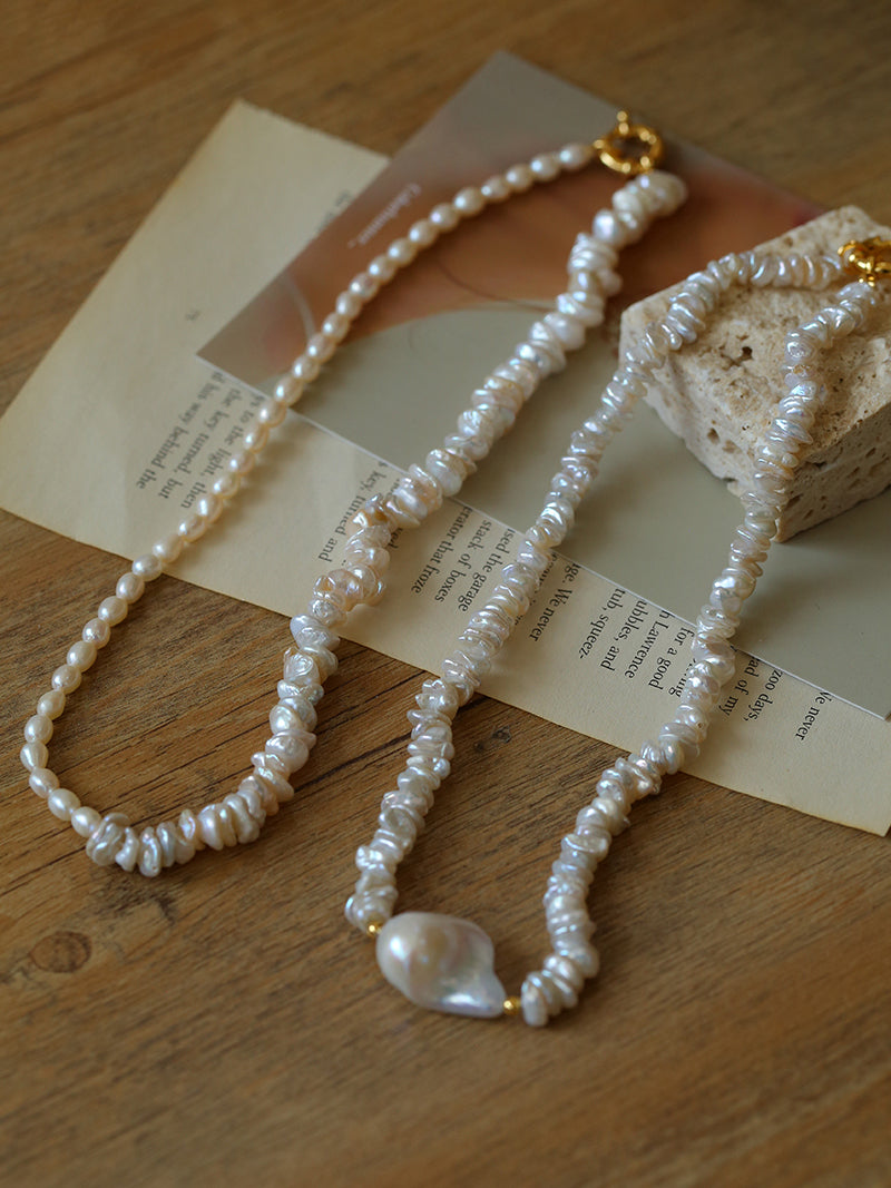 Natural Pearl 'Scattered Silver' Necklace for Women, French Vintage Baroque Pearl Collarbone Chain Necklace.