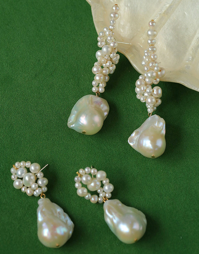 Handwoven Baroque Wrapped Short Pearl Earrings