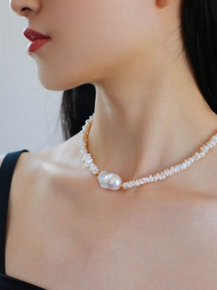 Natural Pearl 'Scattered Silver' Necklace for Women, French Vintage Baroque Pearl Collarbone Chain Necklace.