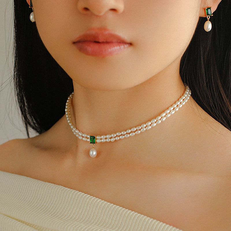 Vintage Double-Layer Natural Pearl and Emerald Square Zircon Necklace,Choker Collarbone Chain