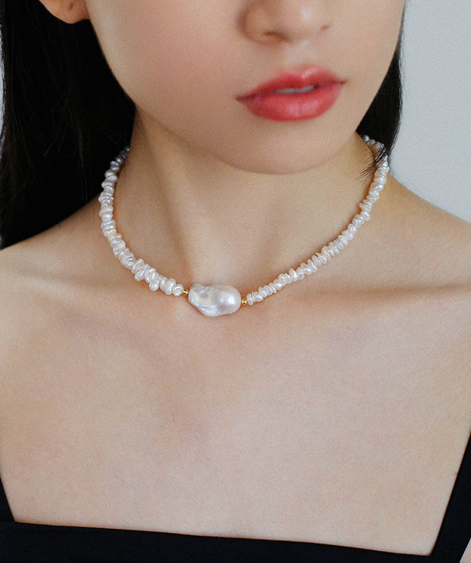 Natural Pearl 'Scattered Silver' Necklace for Women, French Vintage Baroque Pearl Collarbone Chain Necklace.